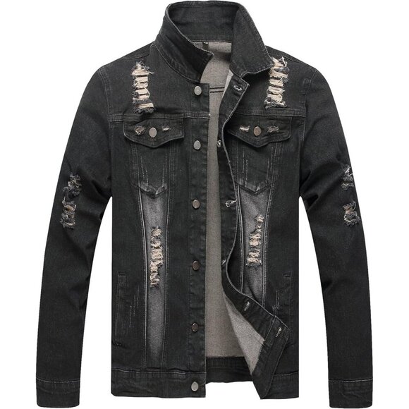 Men's Jean Jacket Distressed Slim Denim Jacket Long Sleeve Button Down Black7013